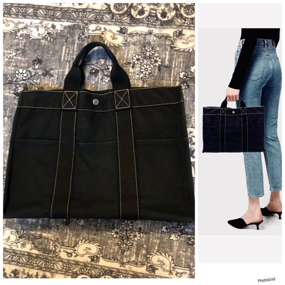 Hermès AUTHENTIC Black & White Stitch Toile Fourre Tout MM Large Canvas Tote Bag - Picture 1 of 16